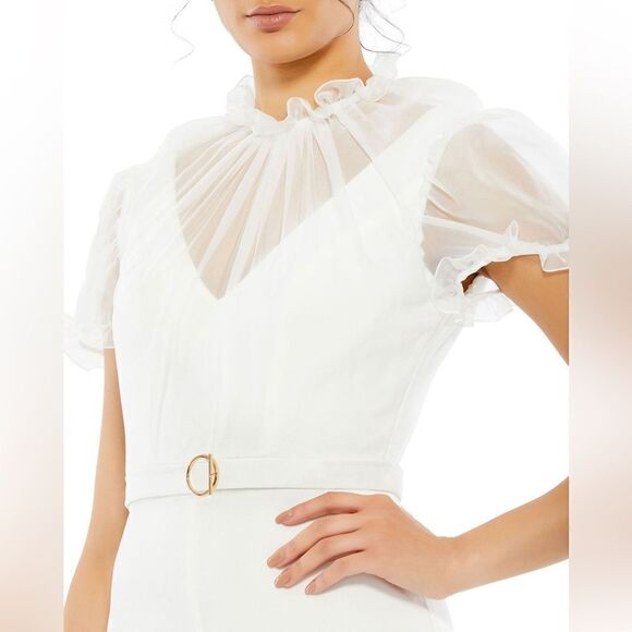 Mac Duggal NWT BELTED ILLUSION HIGH NECK CAP SLEEVE JUMPSUIT White Size 12 26621 - Picture 3 of 7